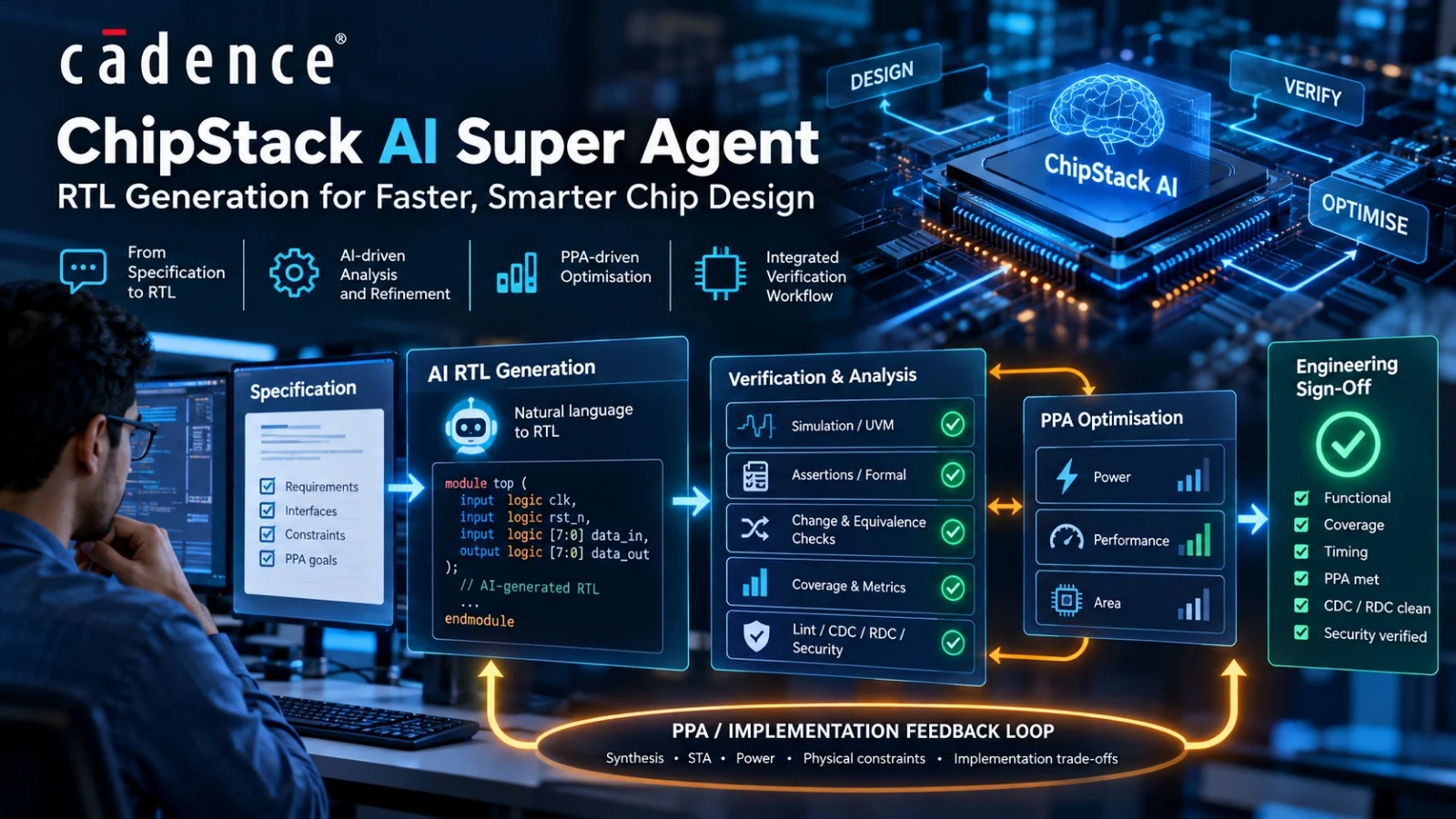 AI-generated RTL workflow from specification through simulation, formal verification, coverage and engineering sign-off.