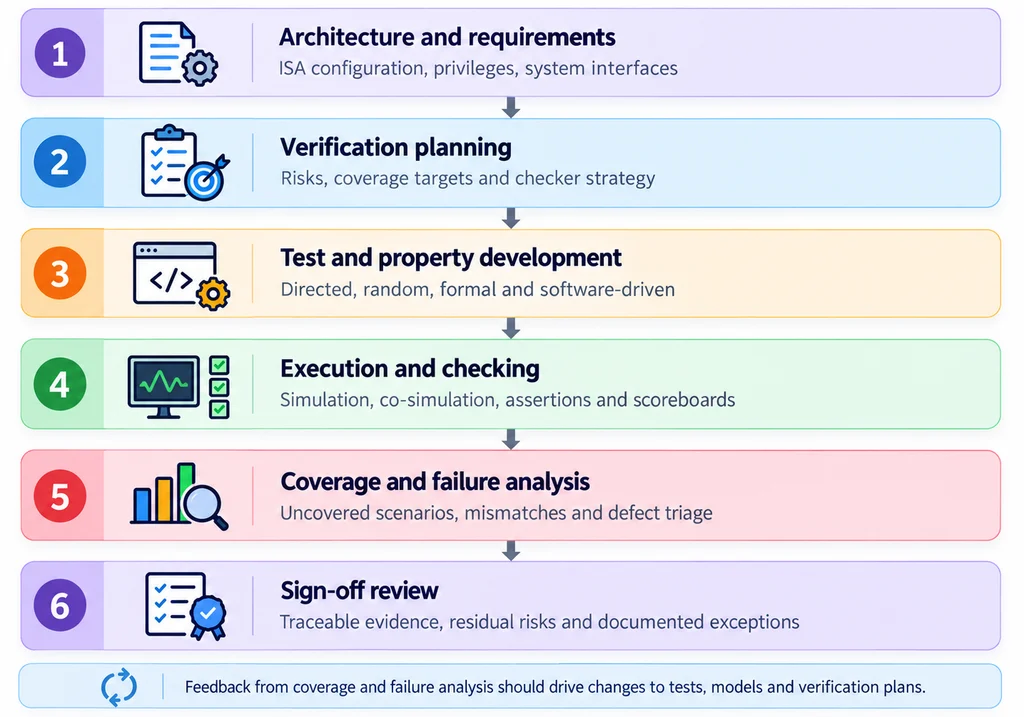 Evidence-driven RISC-V verification workflow showing six stages from architecture requirements and verification planning to execution, coverage analysis and sign-off review