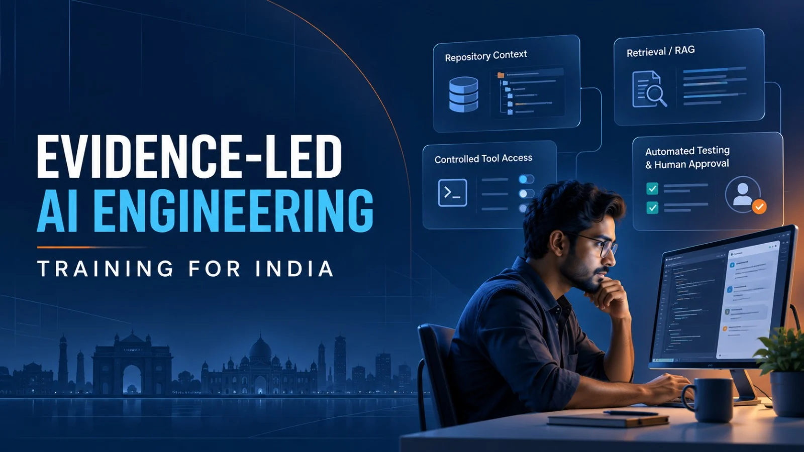 Software engineers in India learning a controlled AI-assisted development workflow spanning repository context, RAG, MCP, testing and human review.