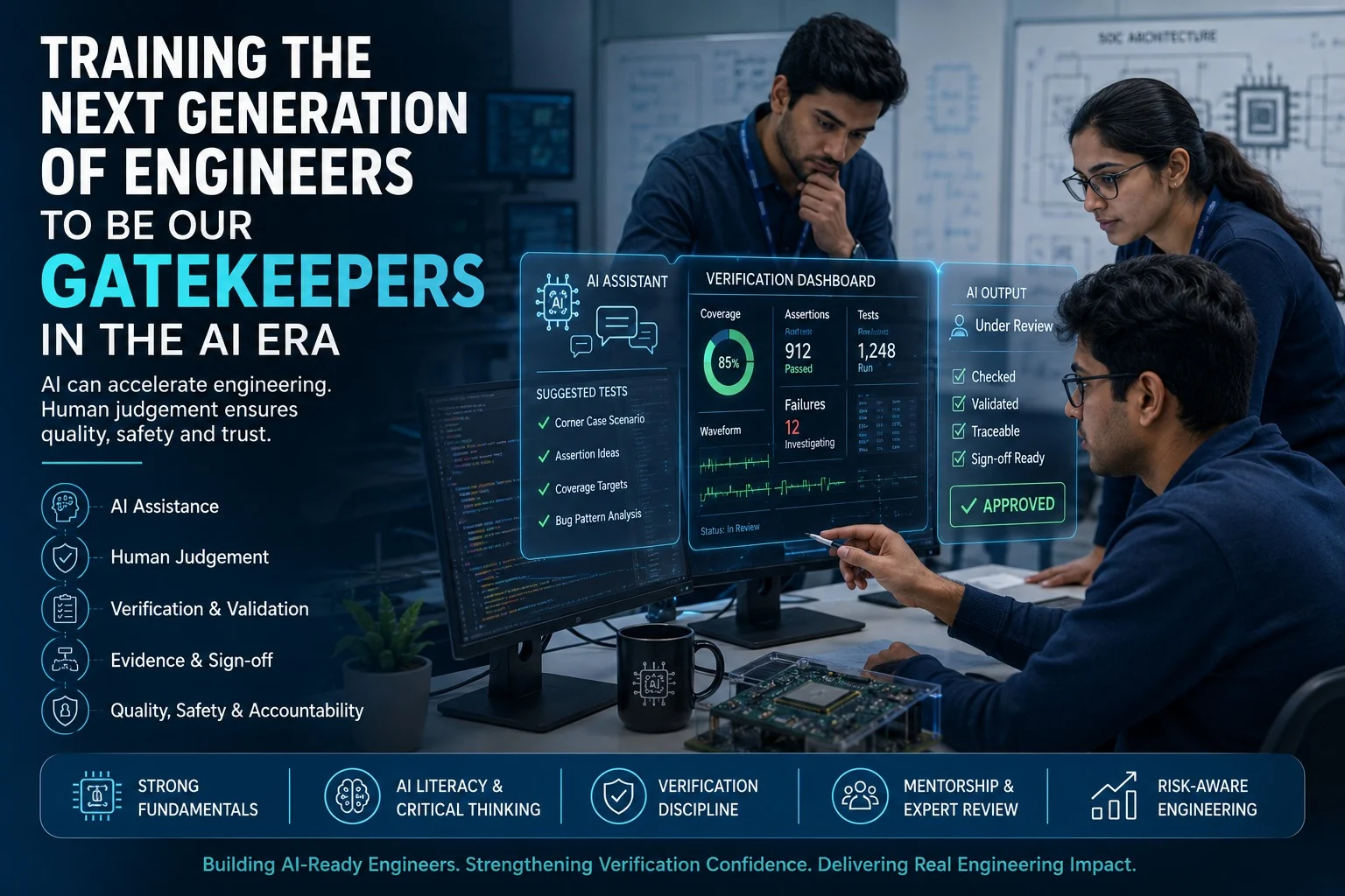 Young semiconductor verification engineers reviewing AI-assisted verification results and coverage analysis while validating design evidence in a modern ASIC design verification environment.