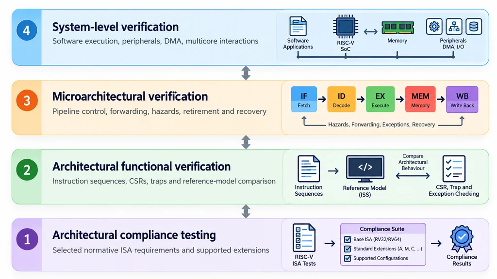 Four layers of RISC-V processor verification showing architectural compliance testing, functional verification, microarchitectural verification and system-level verification