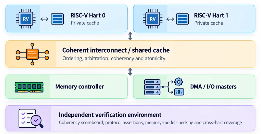 Multicore RISC-V verification boundaries showing two processor harts, private caches, coherent interconnect, memory controller, DMA masters and verification environment