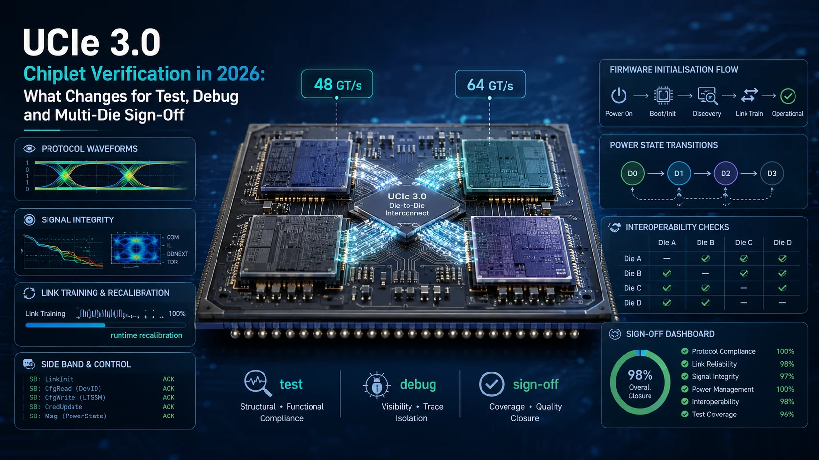 UCIe 3.0 chiplet verification dashboard showing multi-die links, protocol testing, debug and sign-off checks