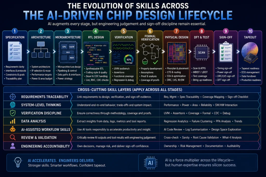 AI-driven chip design lifecycle showing required engineering skills from specification and architecture through RTL, verification, physical implementation, DFT, sign-off and tapeout