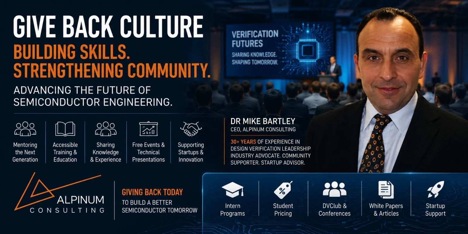 Give Back Culture in Semiconductor Engineering featuring Mike Bartley, mentoring engineers and supporting semiconductor skills development through training, student programmes and industry events