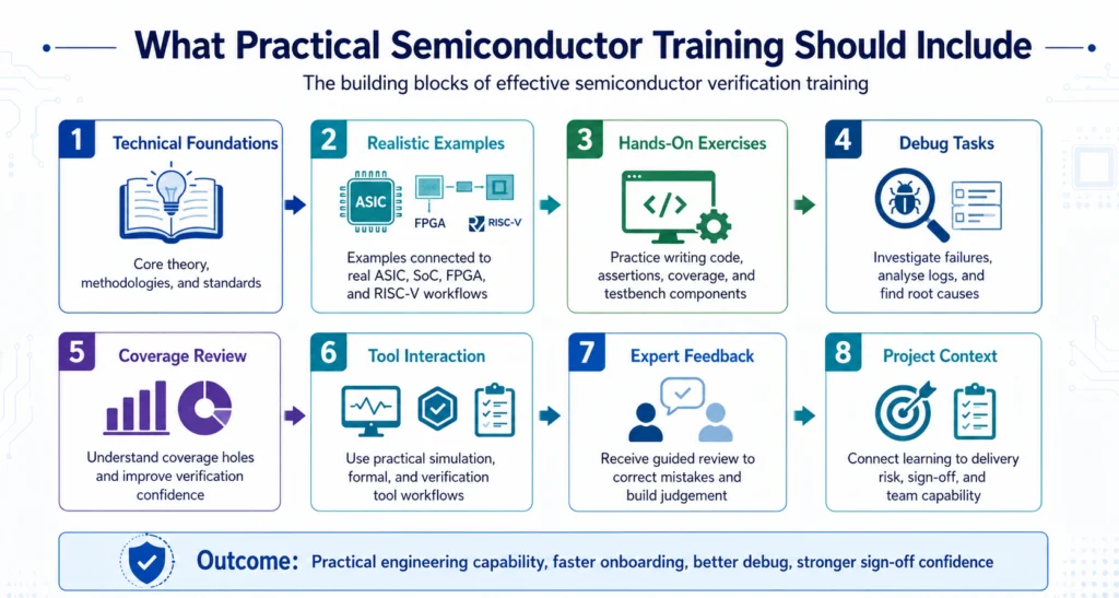 Practical semiconductor verification training framework covering technical foundations, realistic examples, hands-on exercises, debug tasks, coverage review, tool interaction and expert feedback.