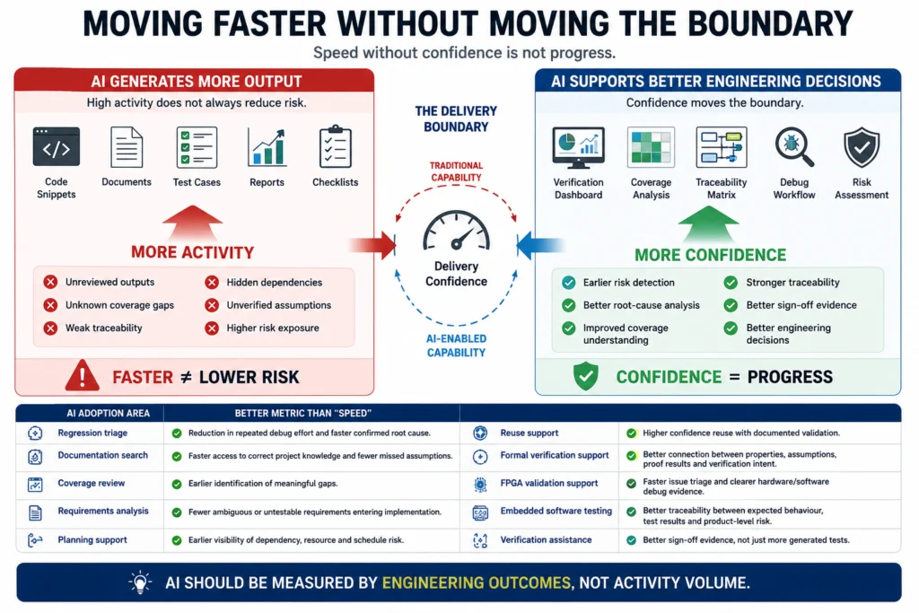 Faster does not mean safer. AI success should be measured by engineering confidence and outcomes, not output volume.