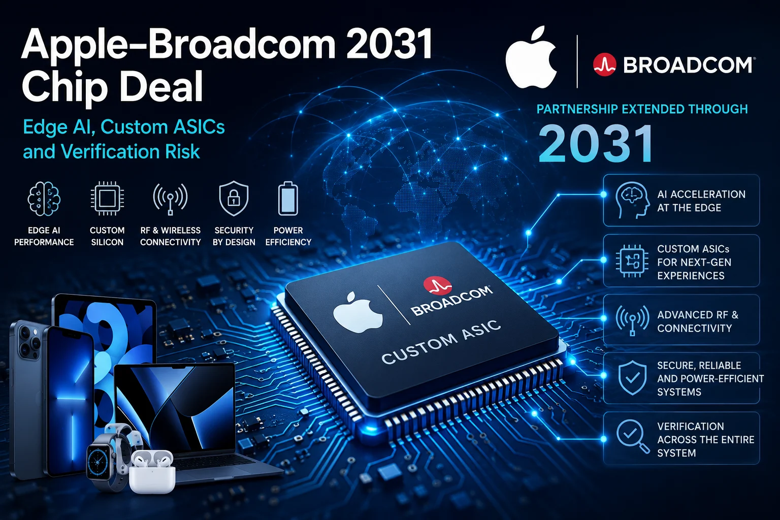 Apple Broadcom 2031 chip deal showing custom ASIC, edge AI, RF connectivity and semiconductor verification