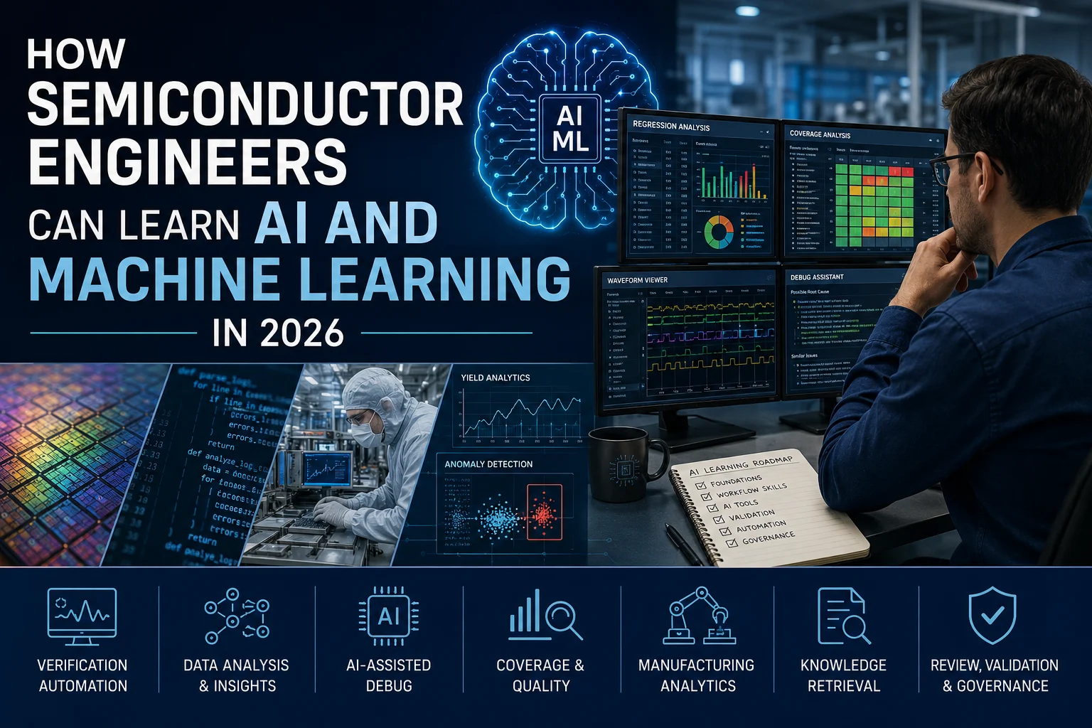 Semiconductor engineer reviewing AI and machine learning workflow dashboards for verification, coverage, debug and manufacturing analytics