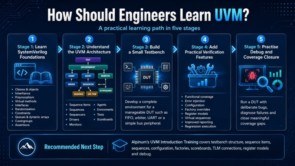 Five-stage UVM learning roadmap showing SystemVerilog foundations, UVM architecture, testbench development, verification features and coverage closure for design verification engineers.