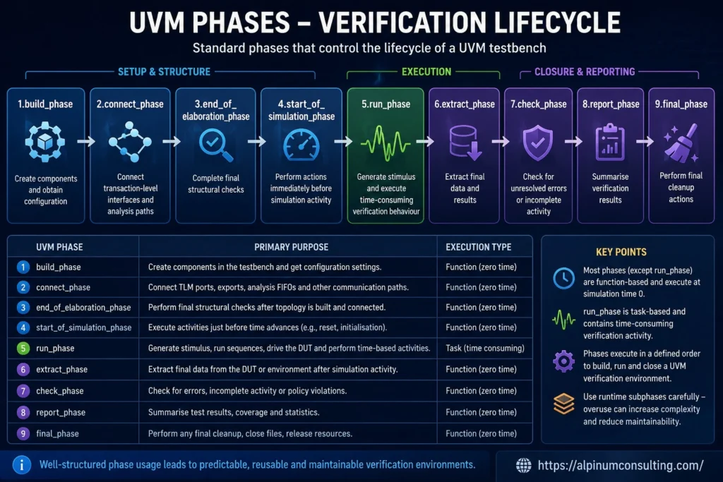 Nine UVM phases from build and connect through run, check, report and final phases