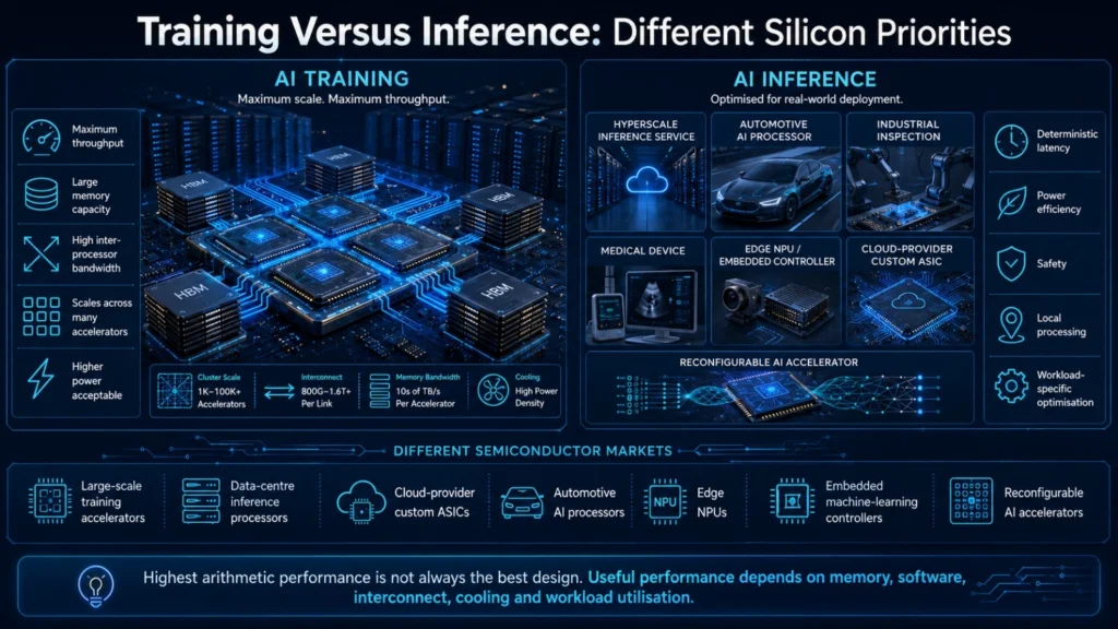 AI training versus AI inference comparison illustrating data-centre accelerators, HBM memory, edge AI processors, custom ASICs and workload-specific semiconductor architectures.