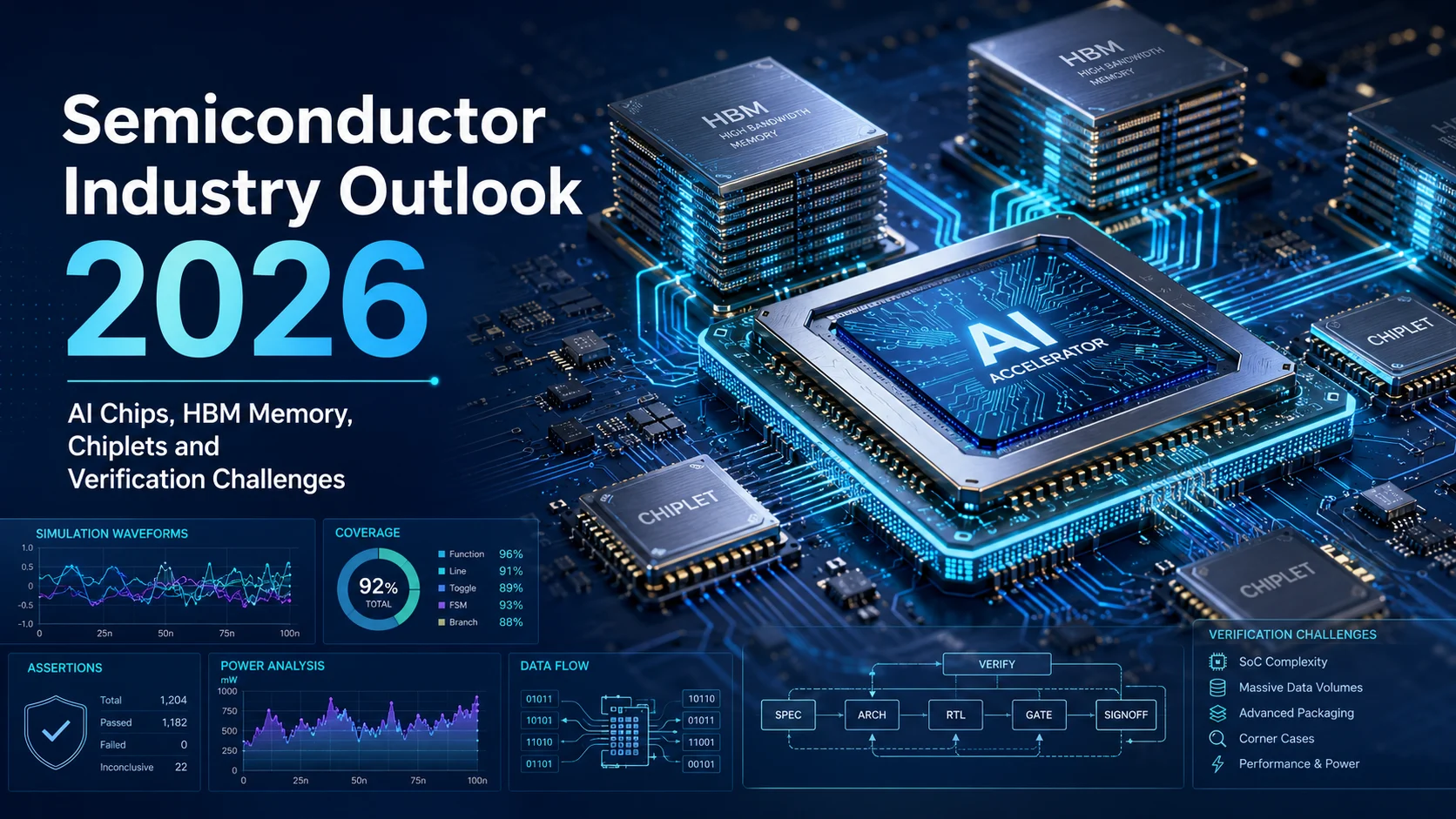 Semiconductor Industry Outlook 2026 featuring AI accelerator chip, HBM memory stacks, chiplet architecture, advanced packaging and design verification technologies for next-generation semiconductor engineering.