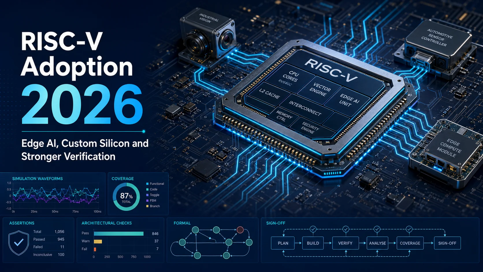 RISC-V adoption in 2026 showing edge AI devices, custom silicon and processor verification