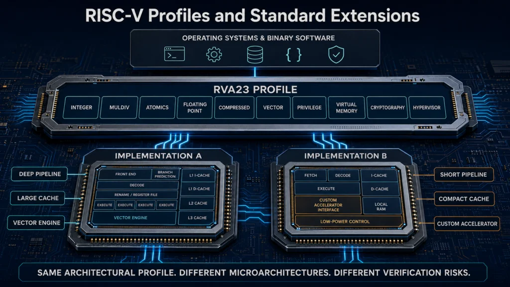 RVA23 profile and standard RISC-V extensions supporting two different processor microarchitectures