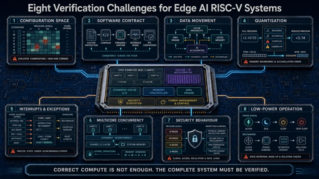 Eight Edge AI RISC-V verification challenges covering configuration, software, data movement, quantisation, interrupts, multicore, security and power