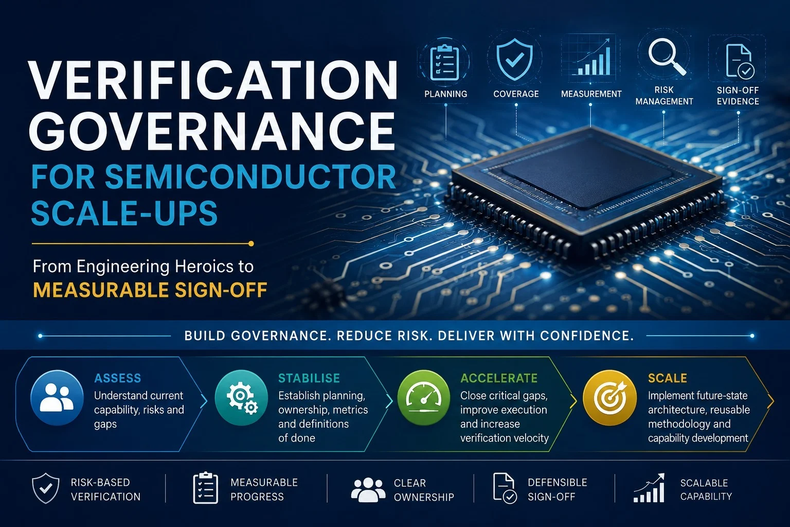 Verification governance framework for semiconductor scale-ups moving from engineering heroics to measurable sign-off