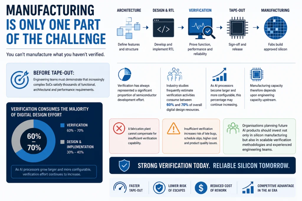 Manufacturing is only one part of the challenge showing semiconductor design flow from architecture and RTL through verification, tape-out and manufacturing with verification consuming 60–70% of digital design effort