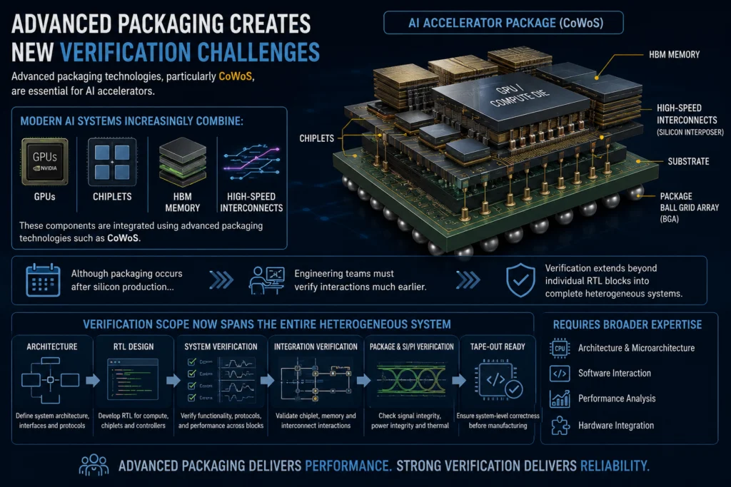 Advanced AI semiconductor packaging showing CoWoS, HBM memory, chiplets, AI accelerators and the verification challenges of heterogeneous system integration
