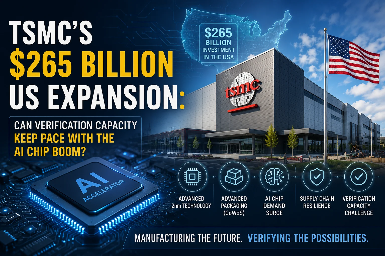 TSMC US expansion showing advanced semiconductor manufacturing, AI chip production, 2 nm technology and verification capacity challenges in the United States
