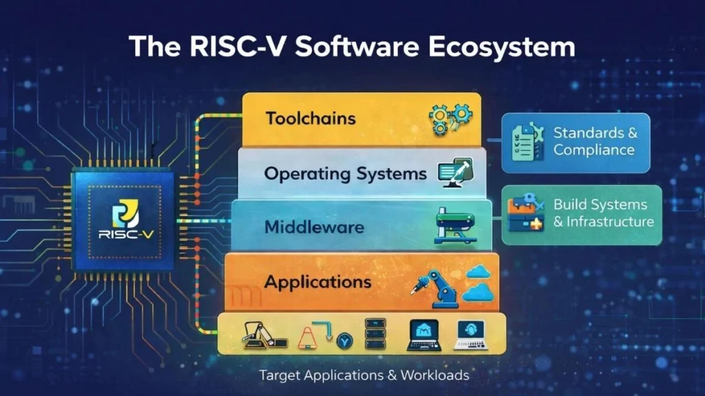 Layered RISC-V software ecosystem with toolchains, operating systems, middleware, applications, standards, build infrastructure and target workloads.