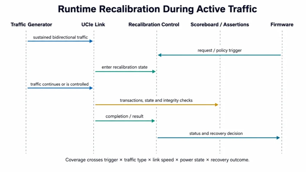 UCIe 3.0 runtime recalibration flow showing trigger detection, traffic control, link adjustment, validation and recovery