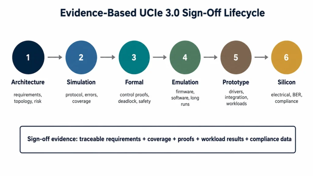 UCIe 3.0 multi-die sign-off workflow covering simulation, formal verification, emulation, interoperability and post-silicon validation