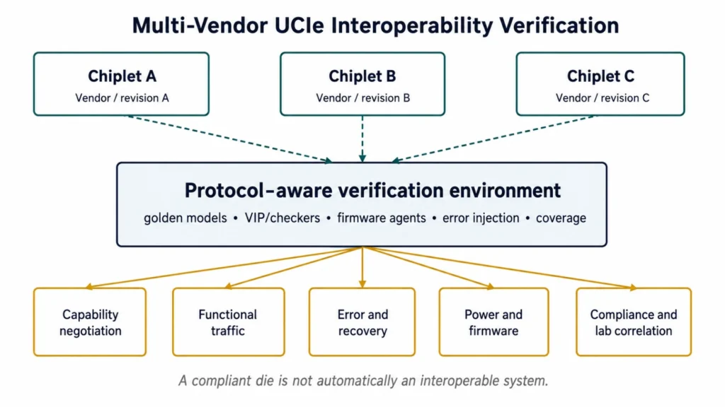 Multi-vendor UCIe 3.0 interoperability verification across chiplets, firmware versions, link speeds and recovery scenarios