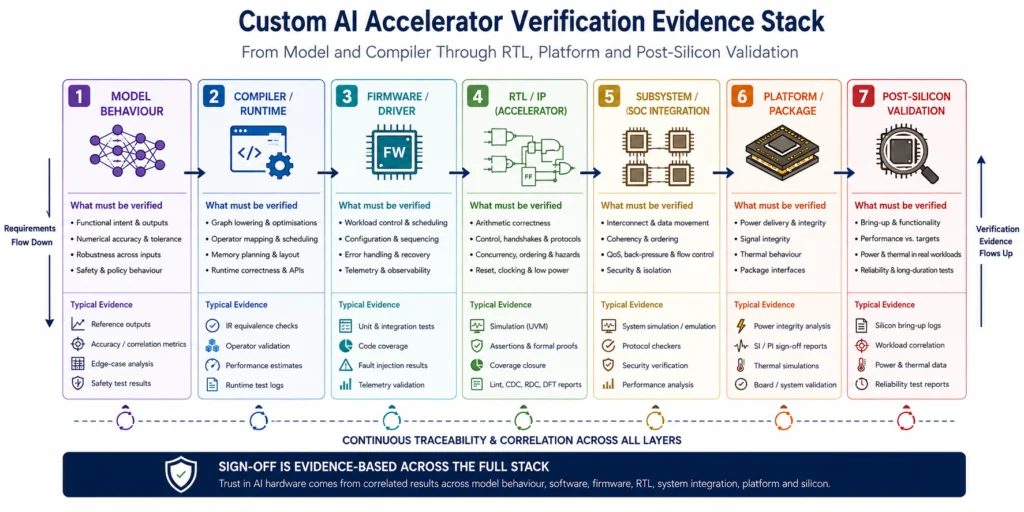 Custom AI chip verification evidence stack from model and compiler through RTL, platform and post-silicon validation