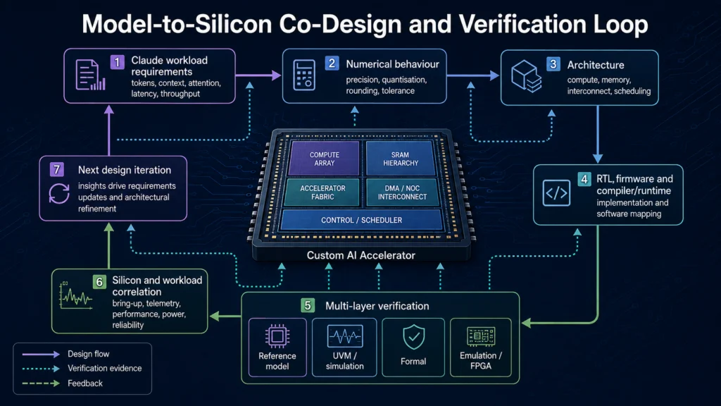 Model-to-silicon co-design and verification loop for Claude workloads and custom AI accelerator development