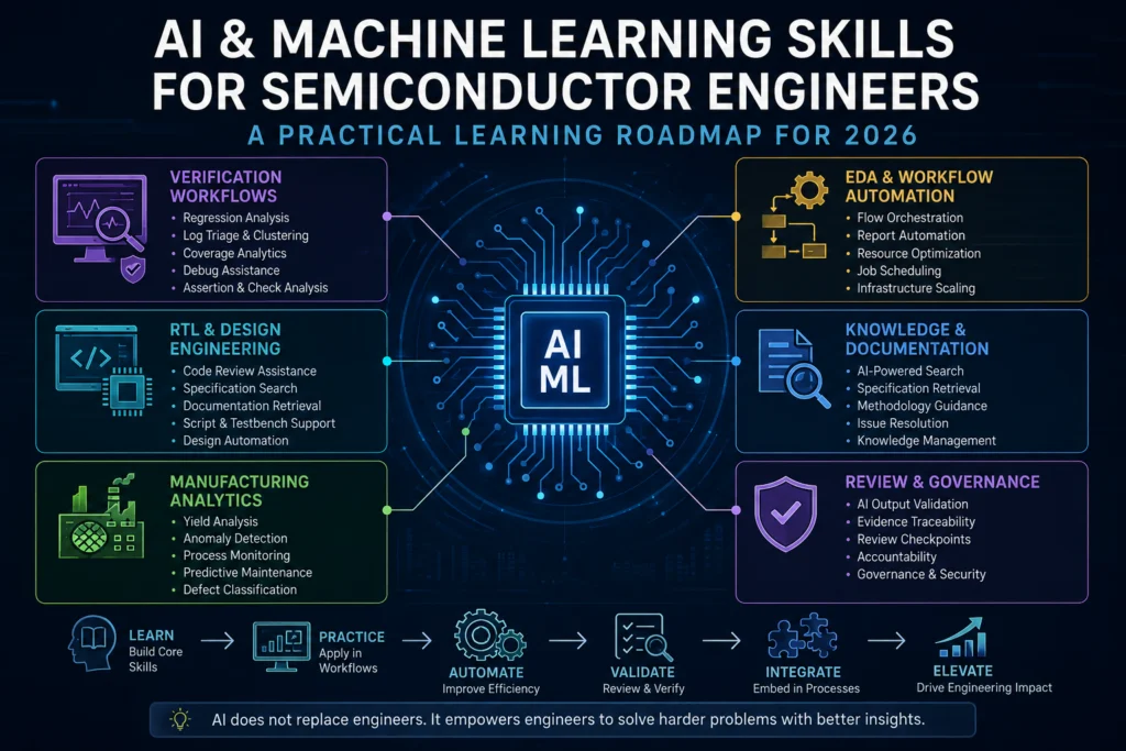 AI and machine learning skills roadmap for semiconductor engineers covering verification workflows, RTL design, manufacturing analytics, EDA automation and AI governance