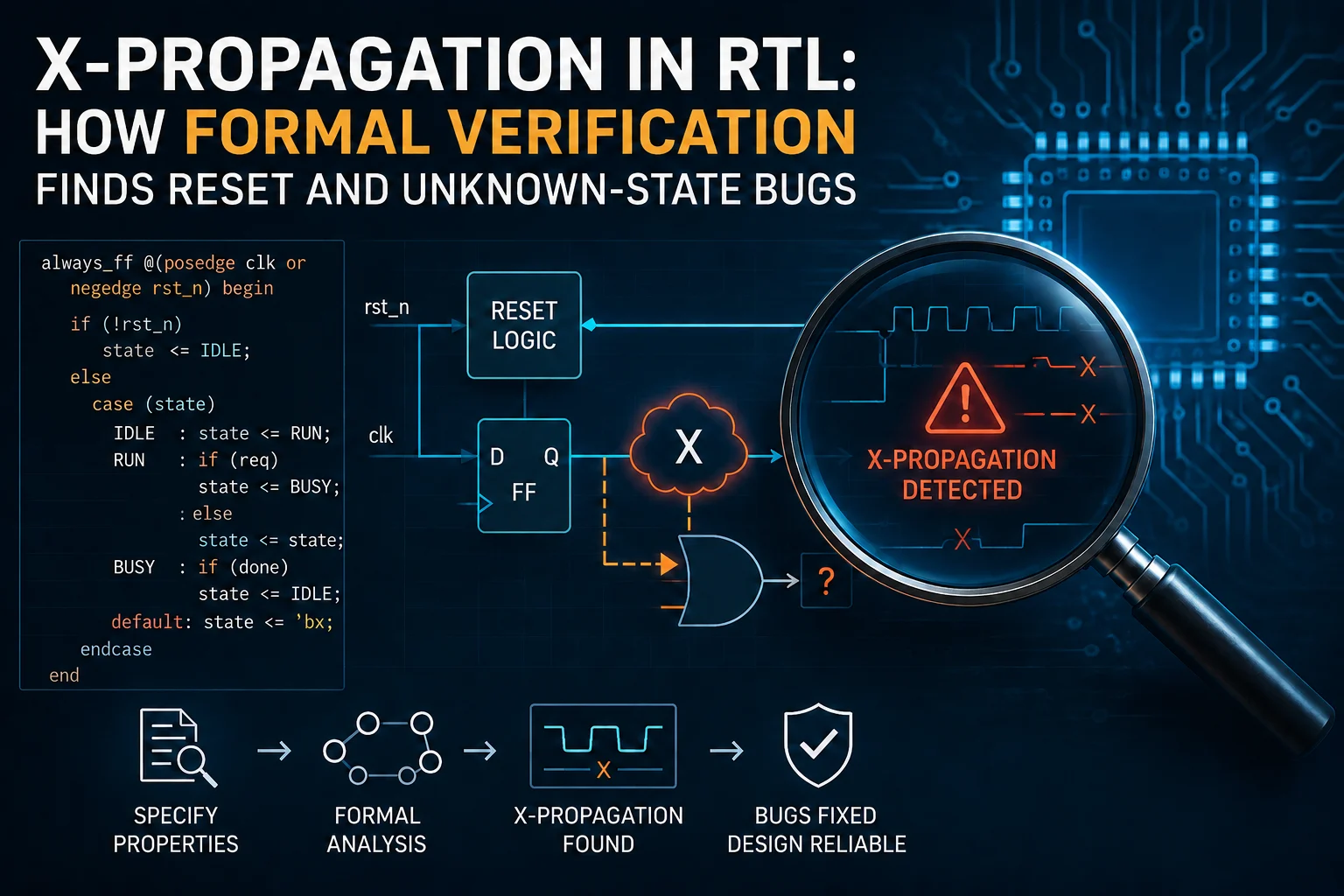 Formal X-propagation analysis detecting reset and unknown-state bugs in RTL design