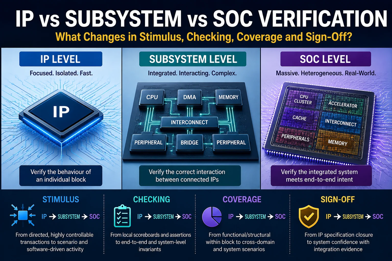 IP vs subsystem vs SoC verification showing differences in stimulus, checking, coverage and sign-off