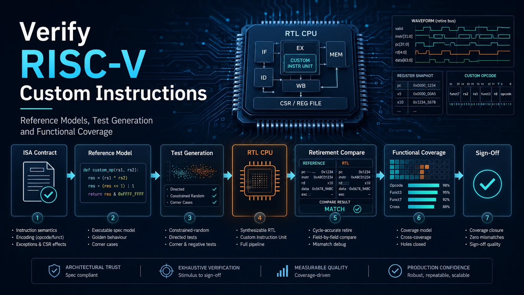 RISC-V custom instruction verification workflow using reference models, test generation, RTL comparison, functional coverage and sign-off