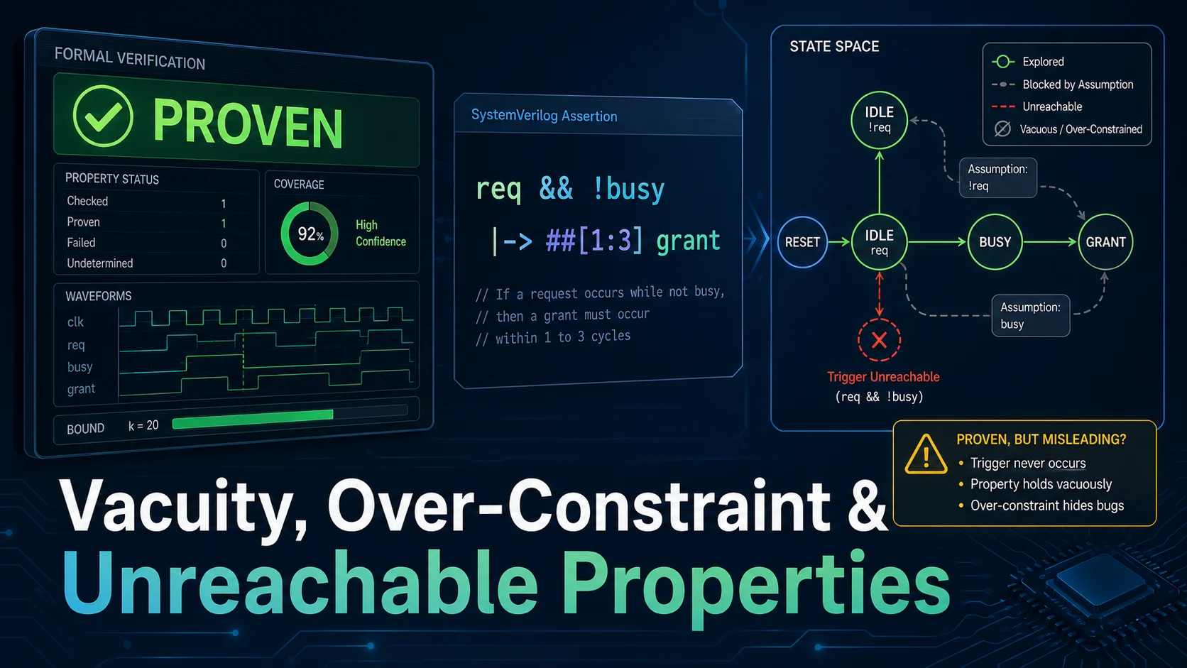Formal verification showing a proven assertion with vacuity, over-constraint and an unreachable property trigger