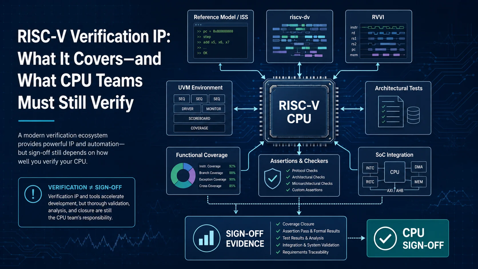 RISC-V verification IP ecosystem showing CPU, reference model, riscv-dv, RVVI, UVM, functional coverage and CPU sign-off evidence