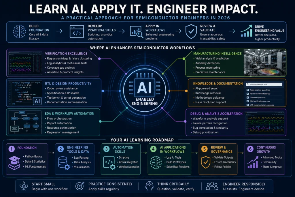 Practical AI learning roadmap for semiconductor engineers showing foundation skills, workflow application, automation, review discipline and engineering value