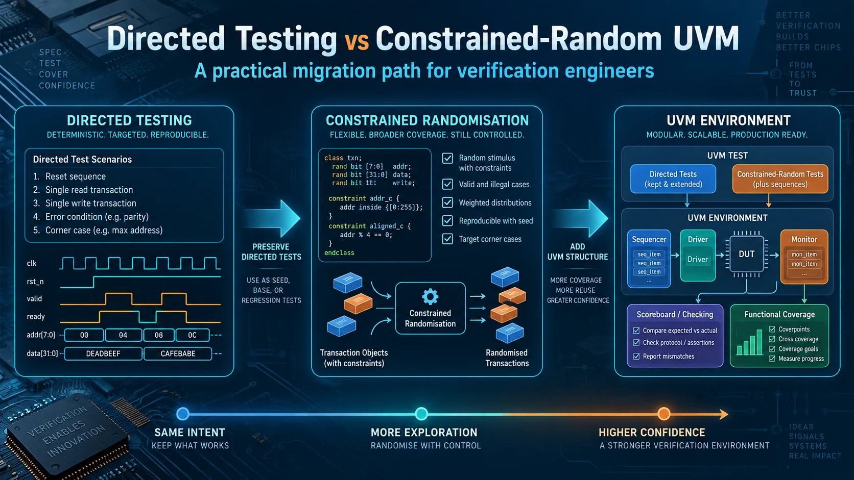 Directed testing to constrained-random UVM migration showing transaction randomisation, UVM environment, checking and functional coverage