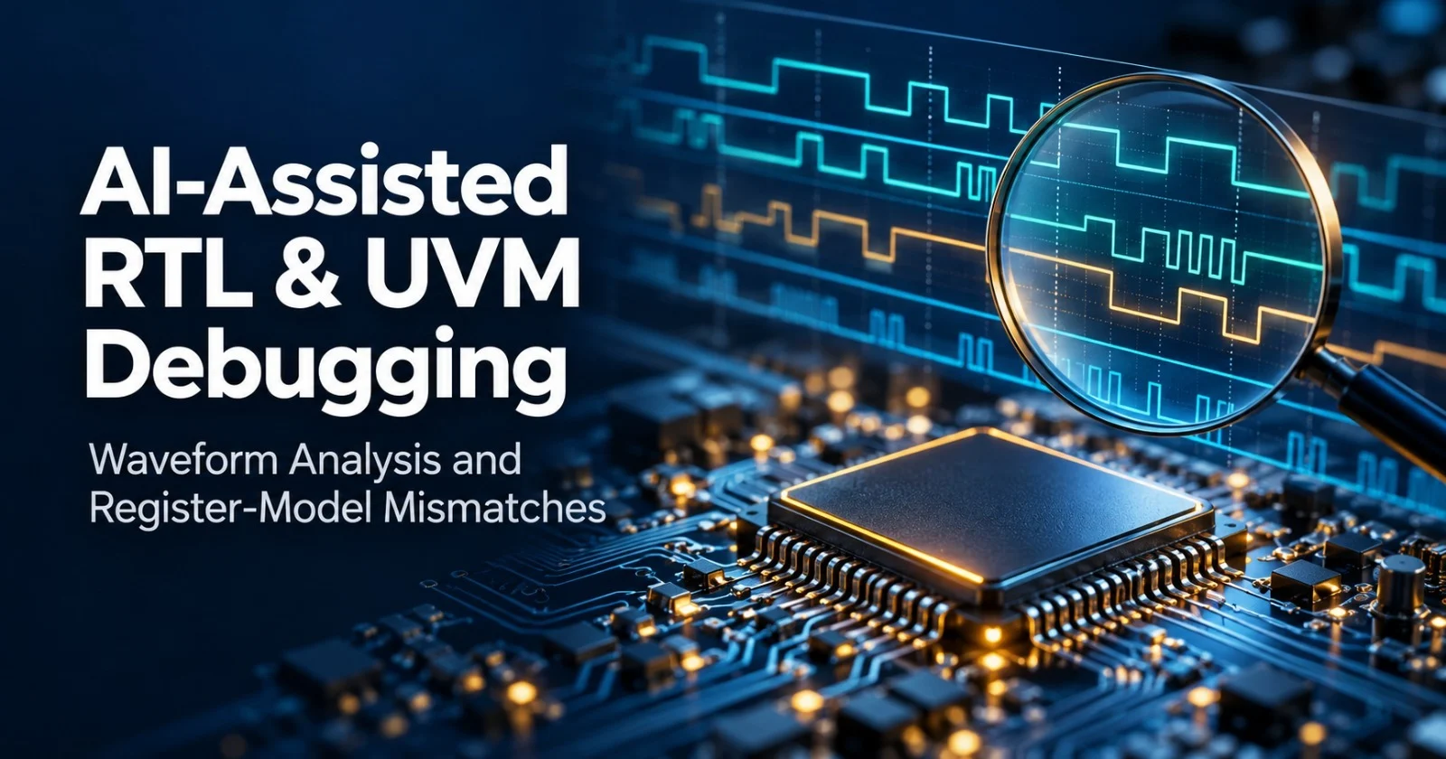 AI-assisted RTL debugging showing waveform analysis and UVM register-model mismatches