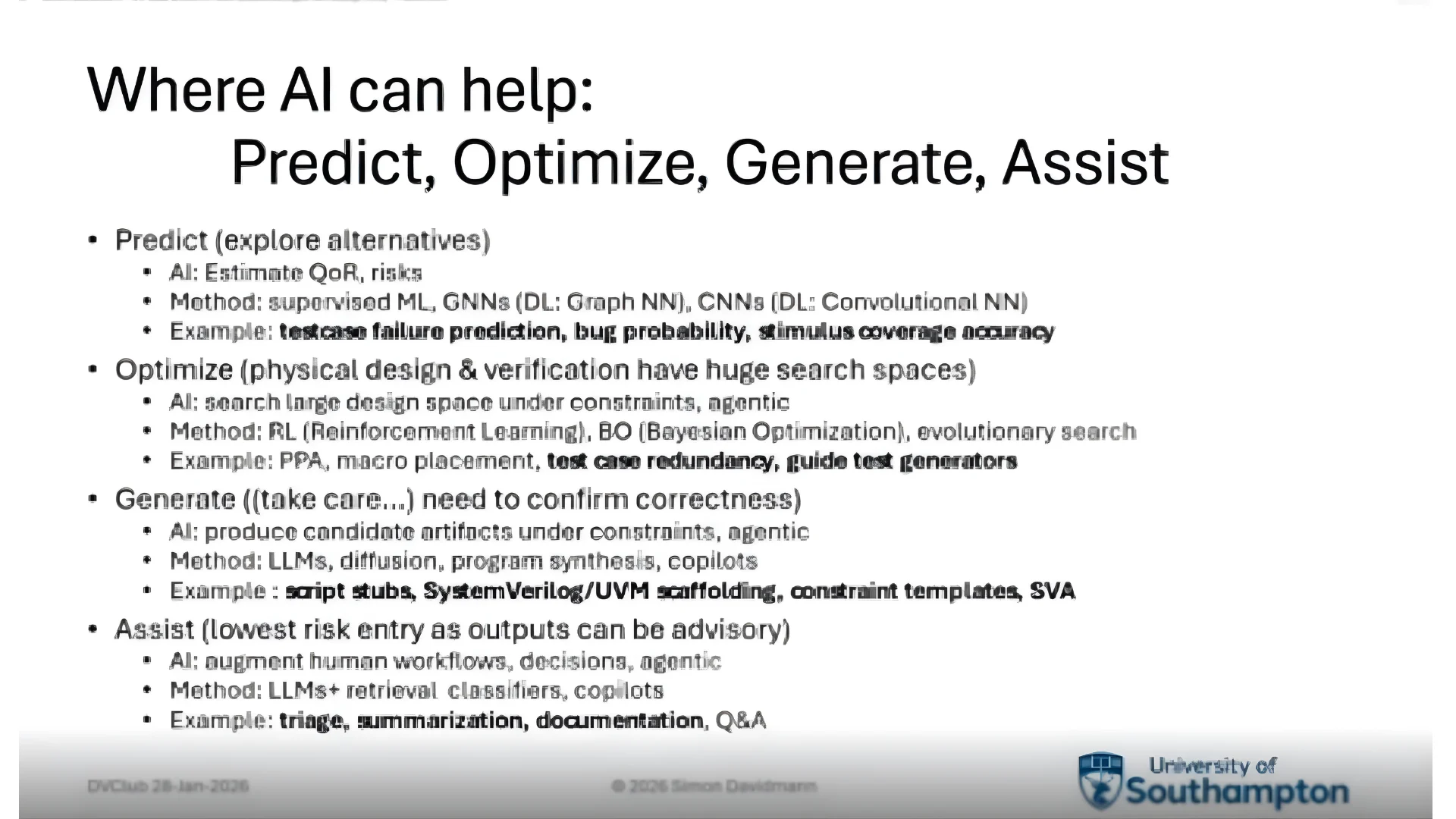 AI-assisted verification workflow showing prediction, optimisation, generation, and assist stages in DV automation