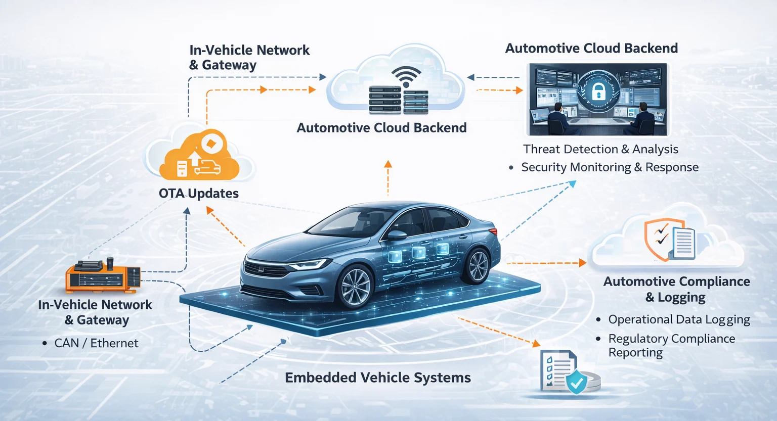 System-level connected vehicle assurance across embedded software, cloud services, cybersecurity controls, and OTA updates