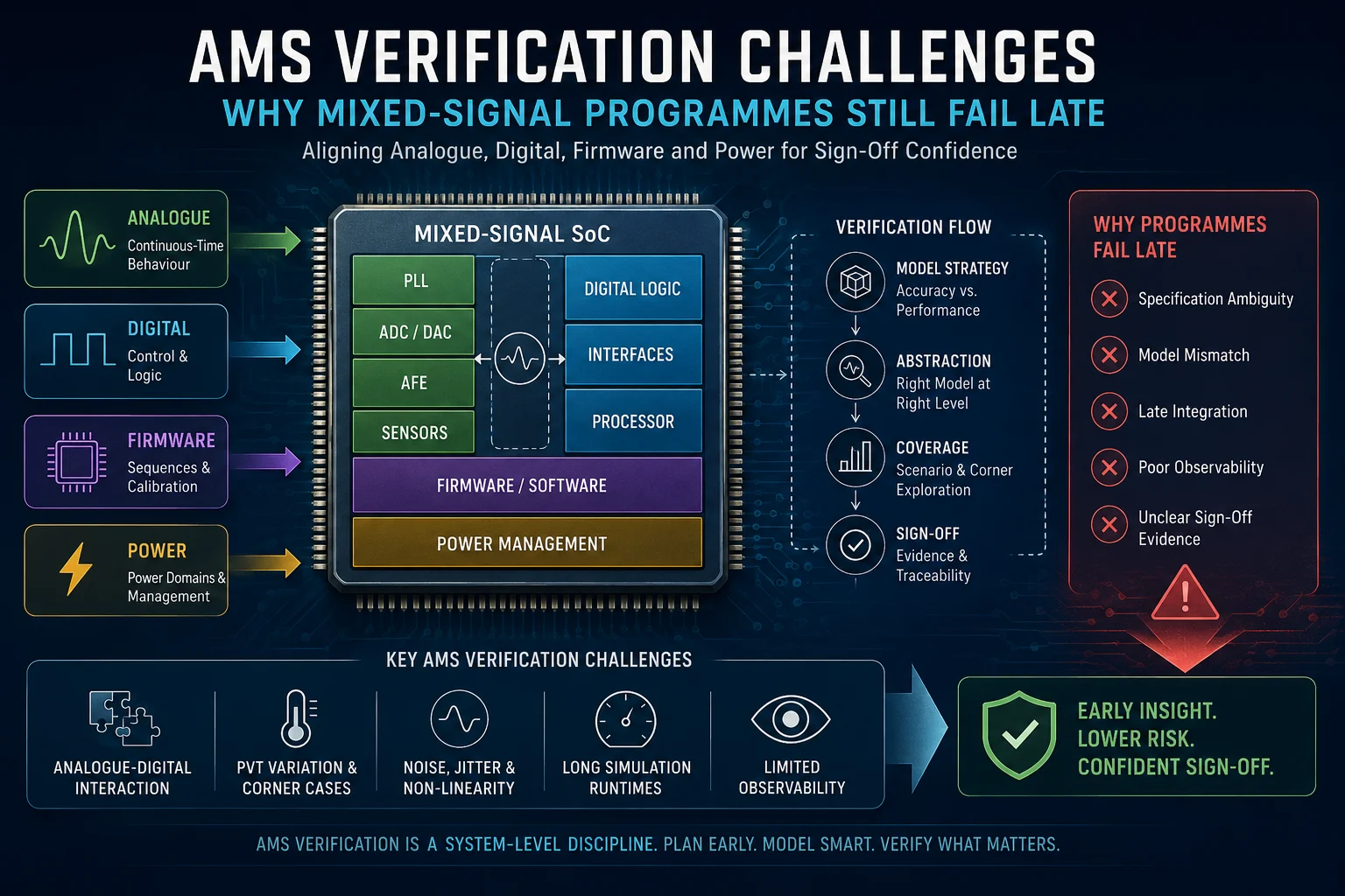 AMS verification challenges in mixed-signal SoC development showing analogue, digital, firmware and sign-off interactions