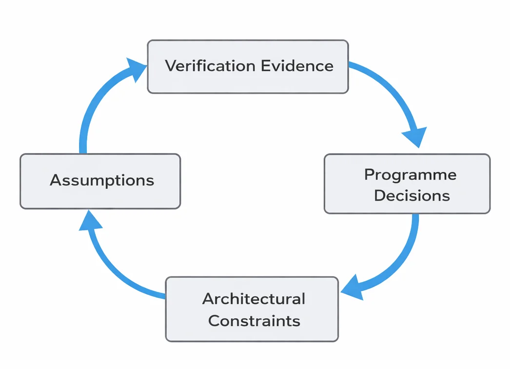Iterative relationship between verification evidence, architectural constraints, and programme-level decision confidence.
