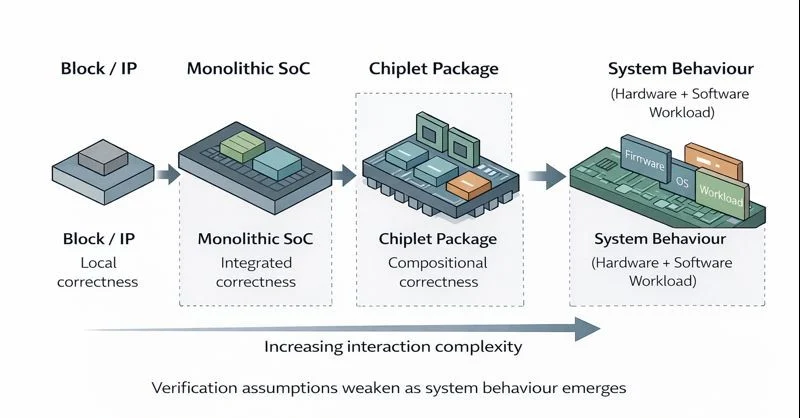 Evolution of verification scope from block-level validation to system-level behaviour as designs transition from monolithic SoCs to chiplet-based systems.