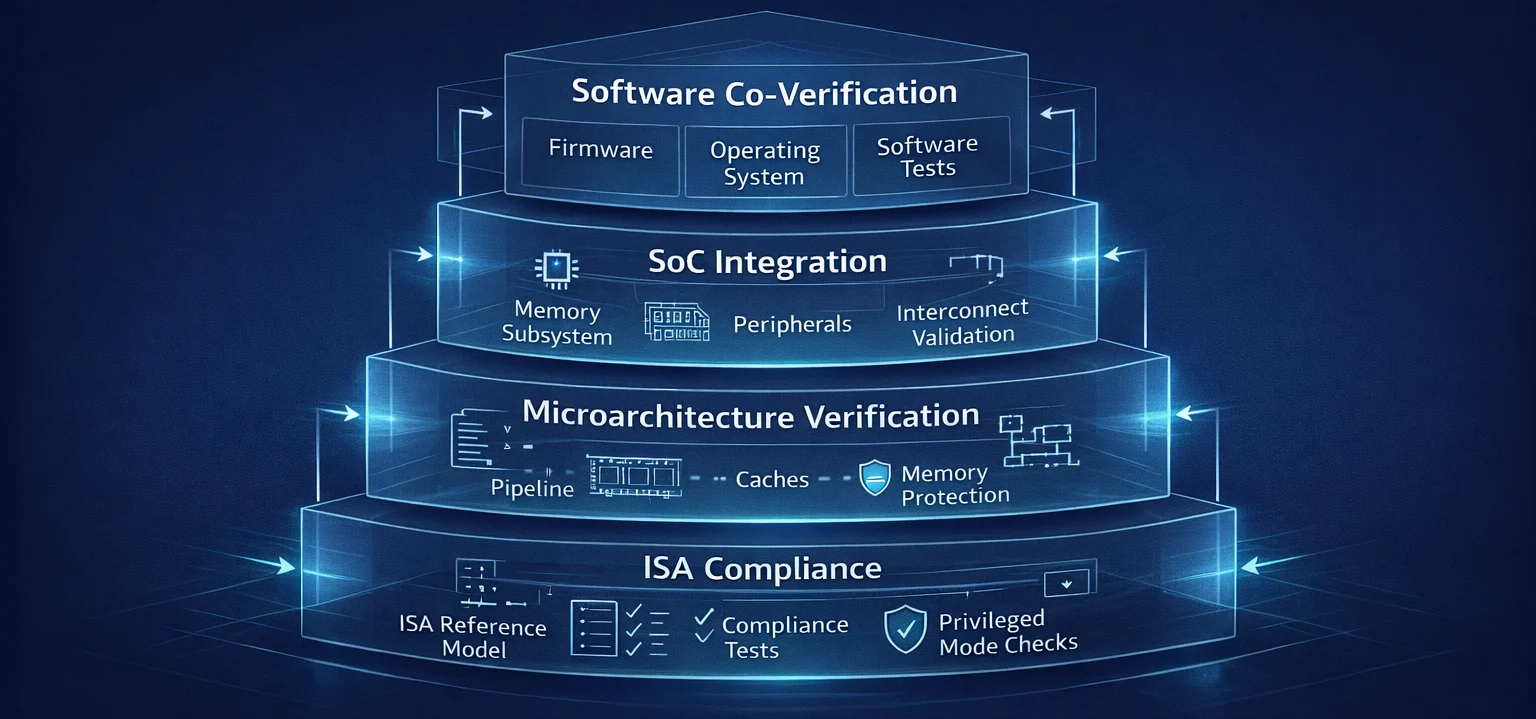Layered RISC-V system verification stack spanning ISA, microarchitecture, SoC integration, and software co-verification