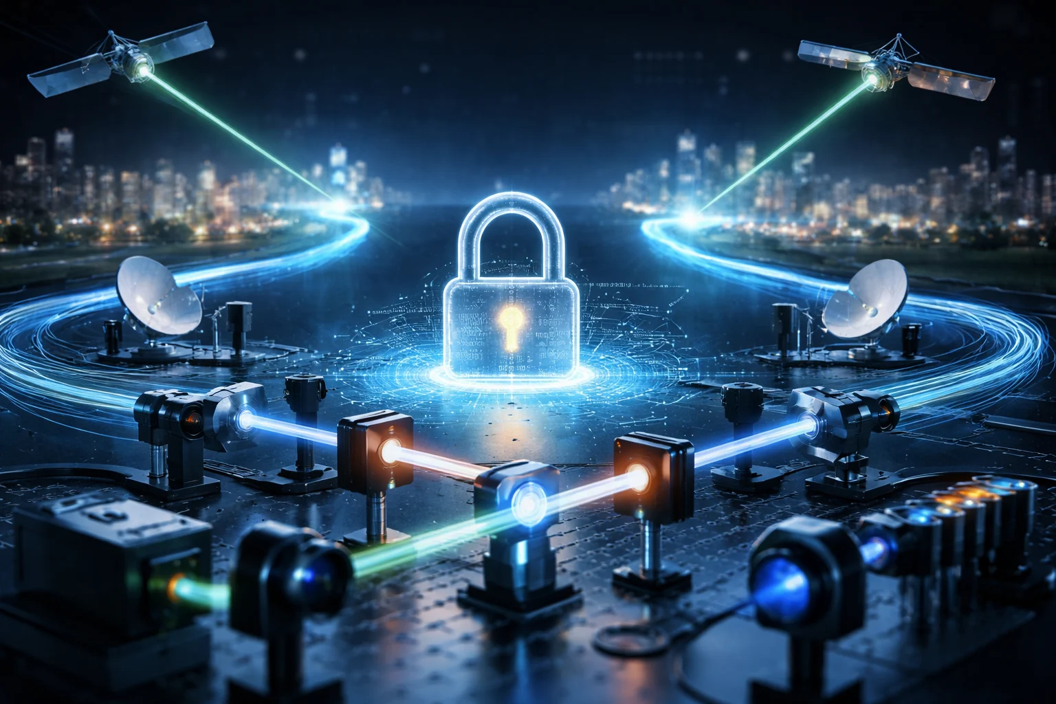 Quantum communication system architecture showing secure key distribution and network integration
