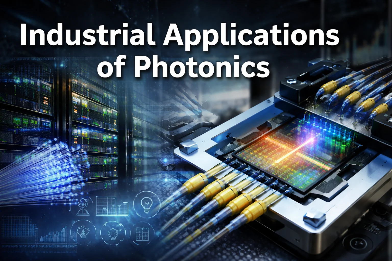 Industrial photonics systems showing optical interconnects integrated with electronic compute and data infrastructure